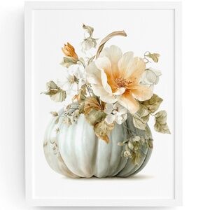 Watercolor Pumpkin with Flowers Wall Art Print Unframed - Cozy Autumn Elegance